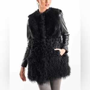 Maje Genuine Mongolian Lamb and Leather Coat in black size 38